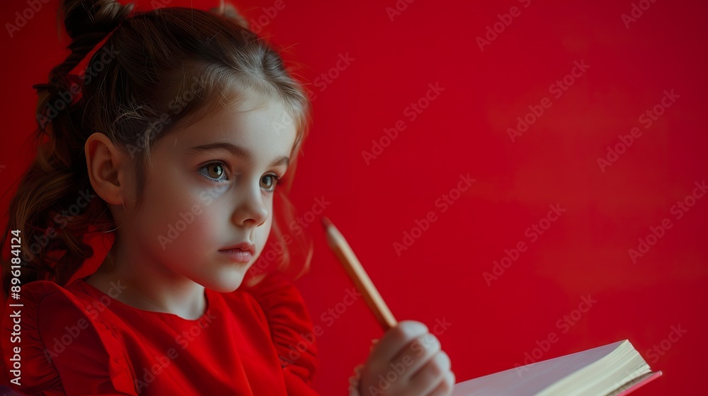A young girl in a red dress is looking thoughtfully at a book or drawing pad, with a pencil poised as she contemplates her next idea A young girl in a red dress is looking thoughtfully at a book or drawing pad, with a pencil poised as she contemplates her next idea