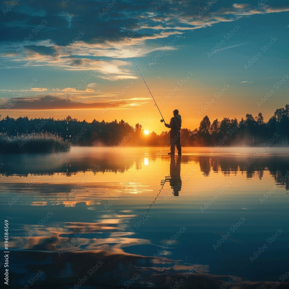 A fisherman casting a line into a calm lake at sunrise, with the golden light reflecting off the water and creating a serene and picturesque scene. AI generated image. A fisherman casting a line into a calm lake at sunrise, with the golden light reflecting off the water and creating a serene and picturesque scene. AI generated image.