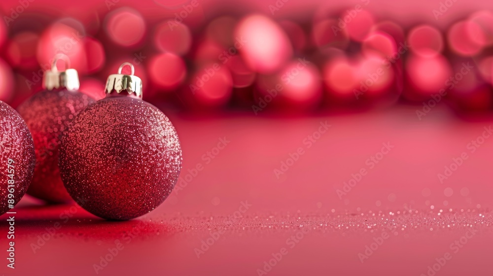 Three red ornaments are sitting on red background Three red ornaments are sitting on red background