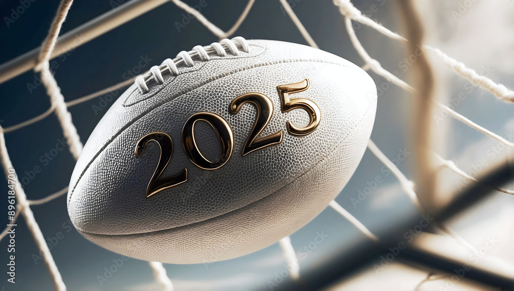 happy new 2025 year rugby themed, white rugby ball background, sport concept, template, numbers