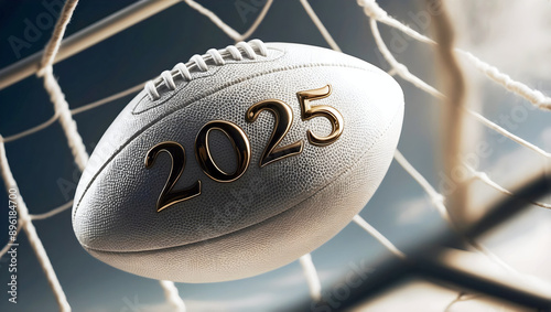 Obraz na płótnie happy new 2025 year rugby themed, white rugby ball background, sport concept, template, numbers w salonie