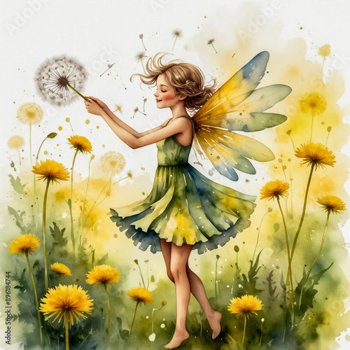 A whimsical watercolor illustration of a girl fairy wandering through a field of wildflowers