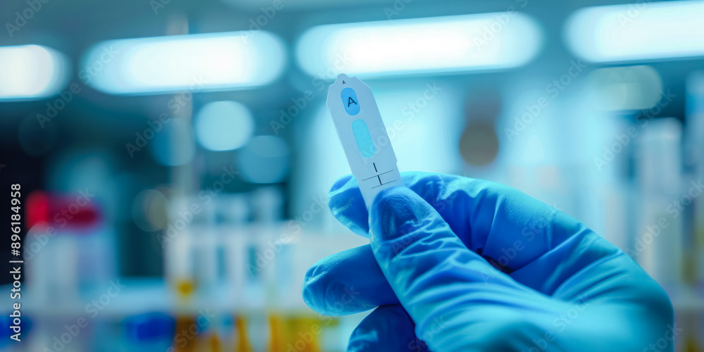 Hand in a blue glove holding a test device in a laboratory with test tubes in the background Hand in a blue glove holding a test device in a laboratory with test tubes in the background
