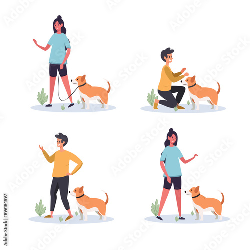 Boy and girl playing with a dog