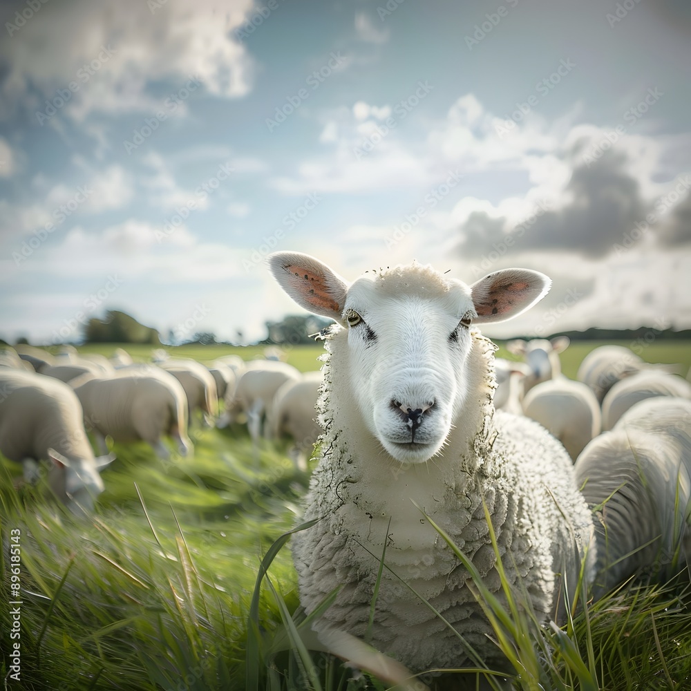 Fototapeta premium Sheep Looking at Camera in a Field of Grass