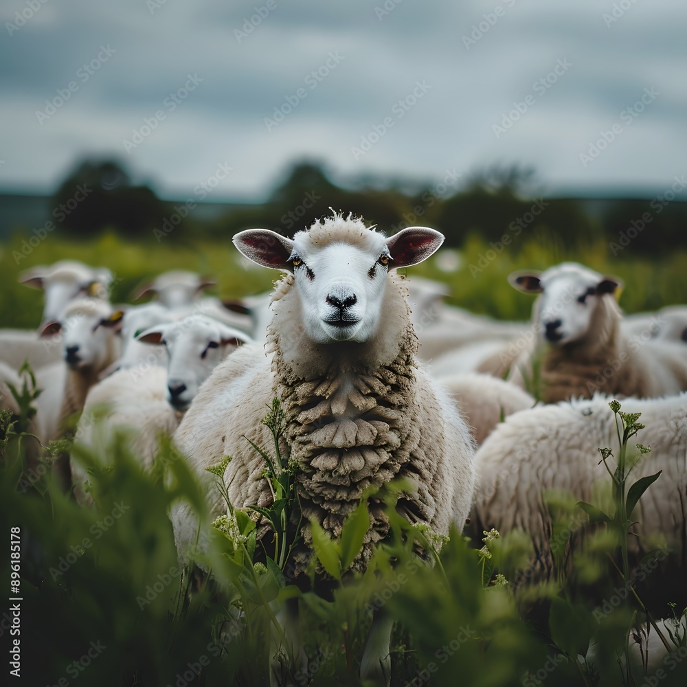 Fototapeta premium Sheep Flock In Grassy Field