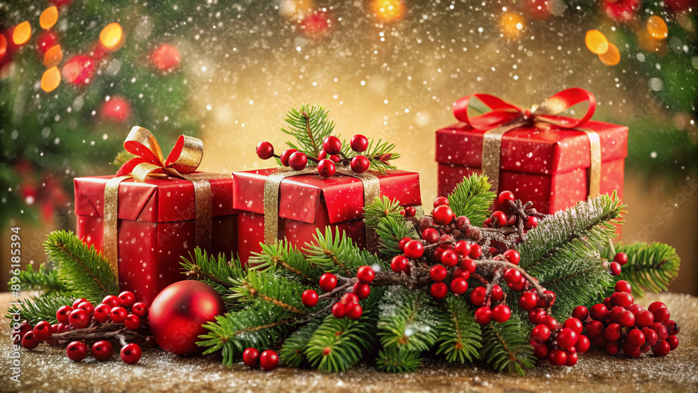 Vibrant red-wrapped gifts with bows surrounded by lush evergreen branches and berries shine against a glittering backdrop, evoking a joyous and merry holiday atmosphere. Vibrant red-wrapped gifts with bows surrounded by lush evergreen branches and berries shine against a glittering backdrop, evoking a joyous and merry holiday atmosphere.