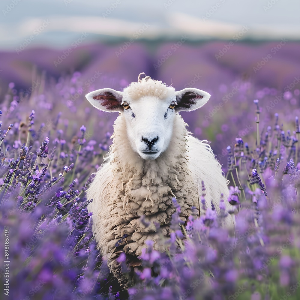 Naklejka premium Sheep in a Lavender Field