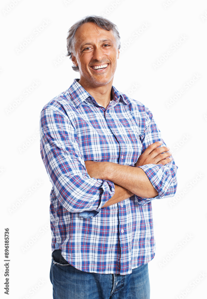 Crossed arms, portrait and mature man in studio with confidence for creative career in writing. Smile, face and happy male author from Brazil with pride for publishing license by white background. Crossed arms, portrait and mature man in studio with confidence for creative career in writing. Smile, face and happy male author from Brazil with pride for publishing license by white background.