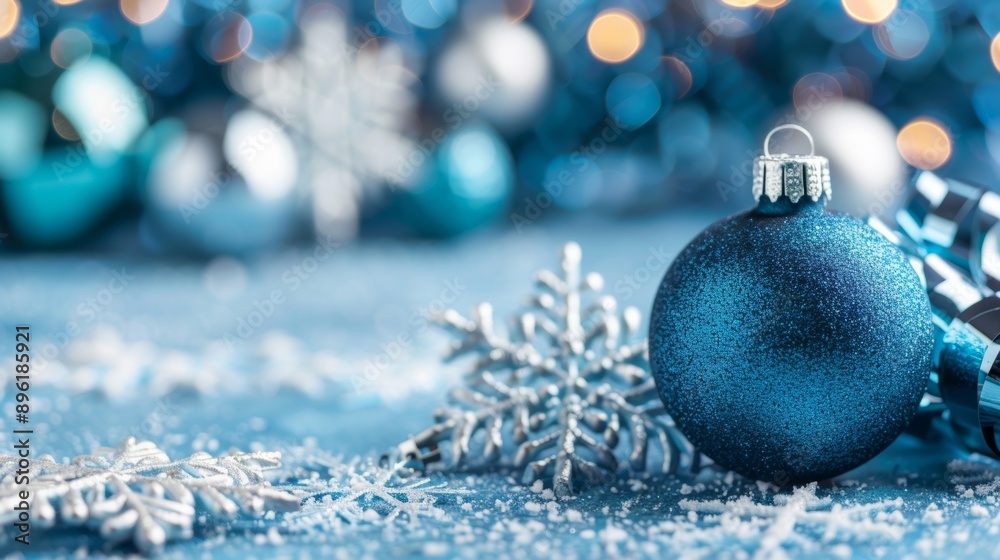 A blue ornament with a snowflake on it sits on a blue background A blue ornament with a snowflake on it sits on a blue background