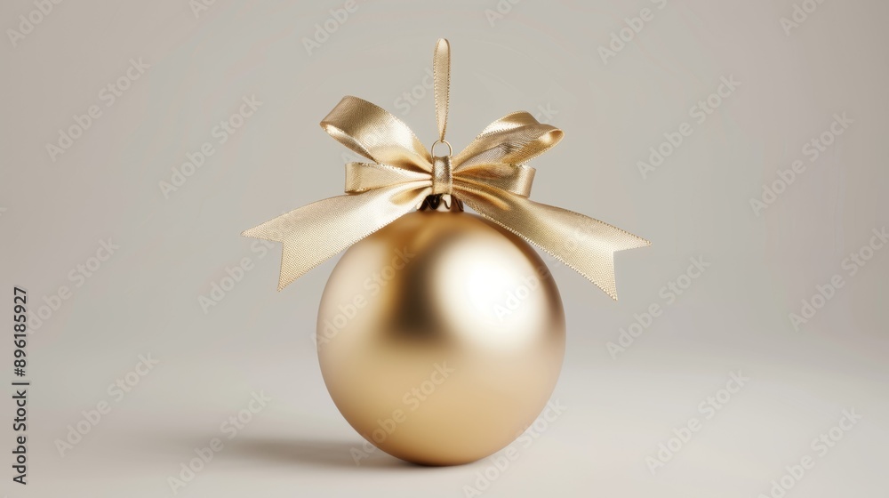 A gold ornament with a bow is sitting on a white background A gold ornament with a bow is sitting on a white background