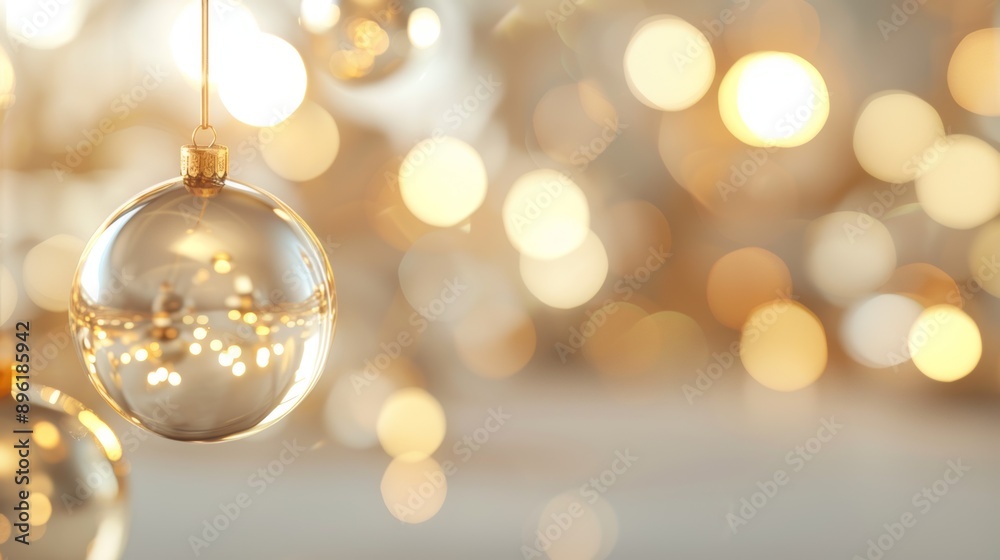 A shiny, clear Christmas ornament hangs from a string A shiny, clear Christmas ornament hangs from a string