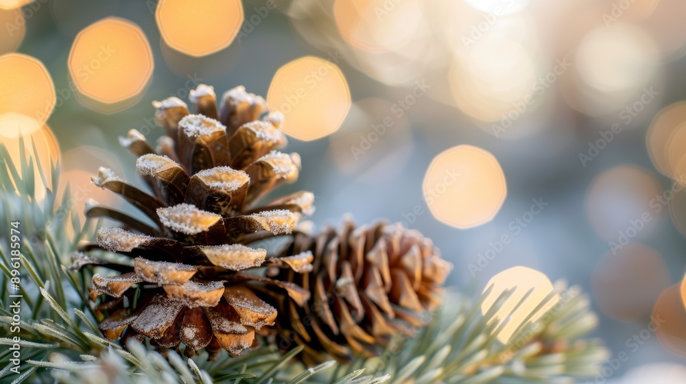 A pine cone is covered in snow and is sitting on a tree branch A pine cone is covered in snow and is sitting on a tree branch