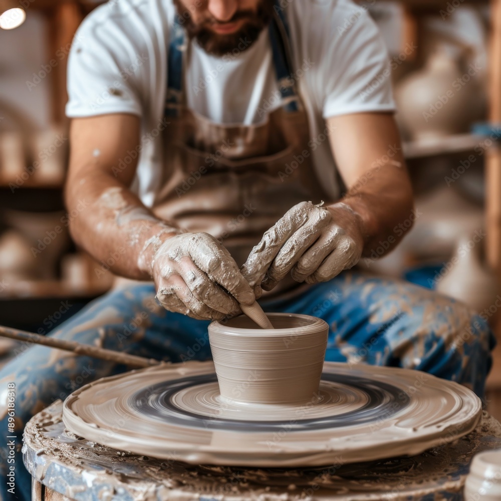 A skilled potter shaping clay on a pottery wheel, focusing on the artist’s hands and the smooth, controlled motion as the clay takes form. AI generated image.