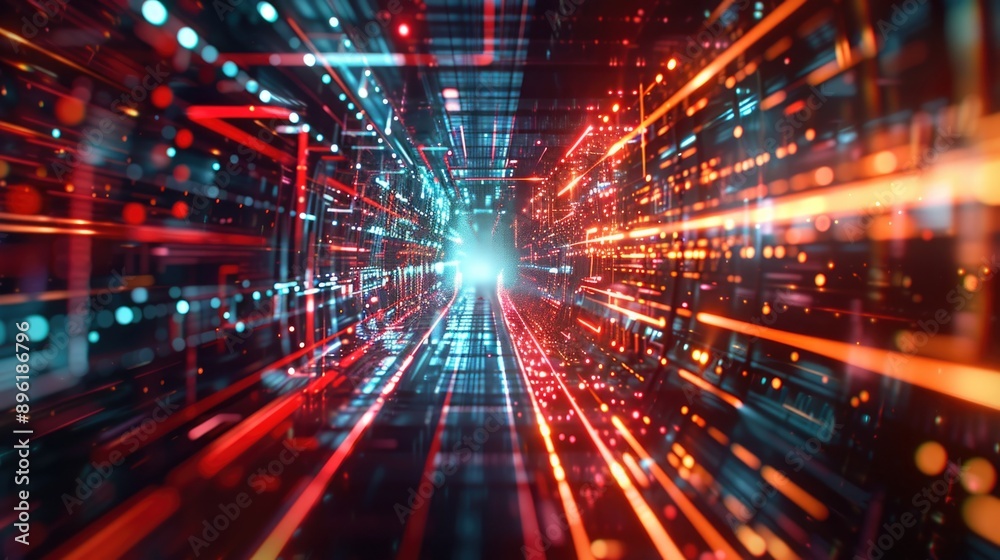 A long tunnel filled with many lights, ideal for use in illustrations or designs about technology, transportation, or infrastructure A long tunnel filled with many lights, ideal for use in illustrations or designs about technology, transportation, or infrastructure
