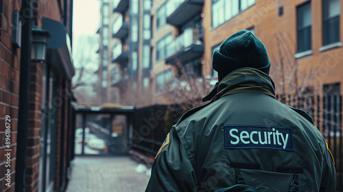 Security. Security officer in special clothing patrols residential complex. View from the back. The inscription on the back says "Security"