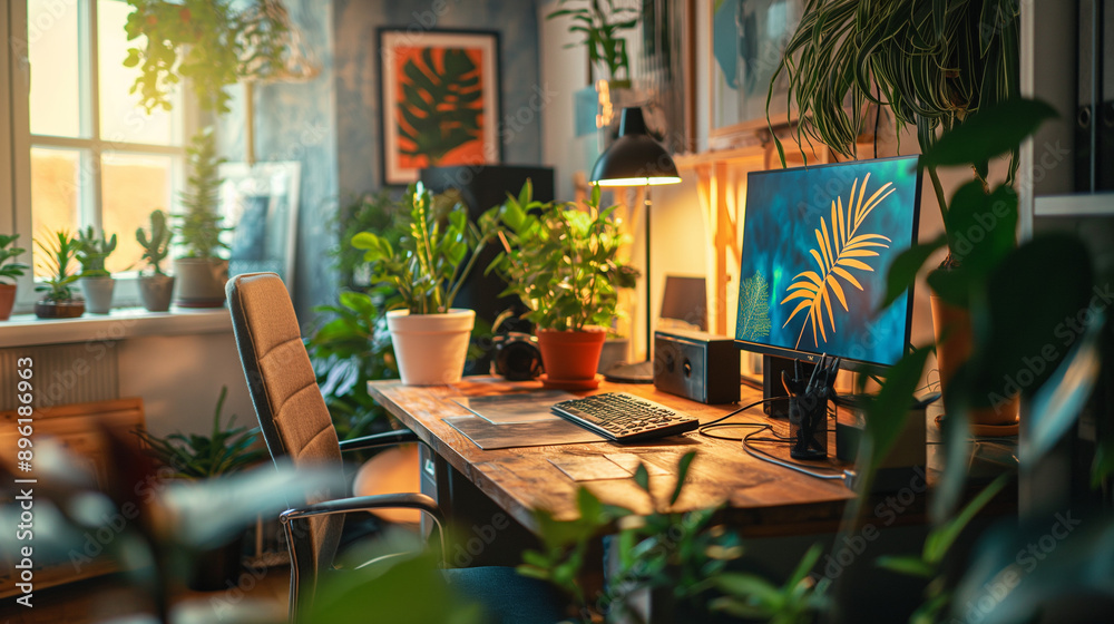 Obraz premium A cozy home office setup with plants and inspiring decor.
