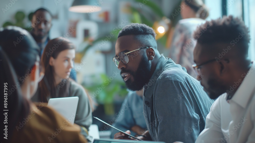 A diverse team collaborates on a creative project in a modern office. A diverse team collaborates on a creative project in a modern office.
