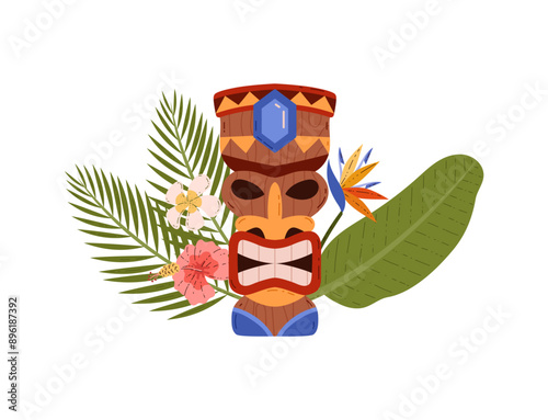 Polynesian Tiki mask decorated with tropical flora in vector illustration.