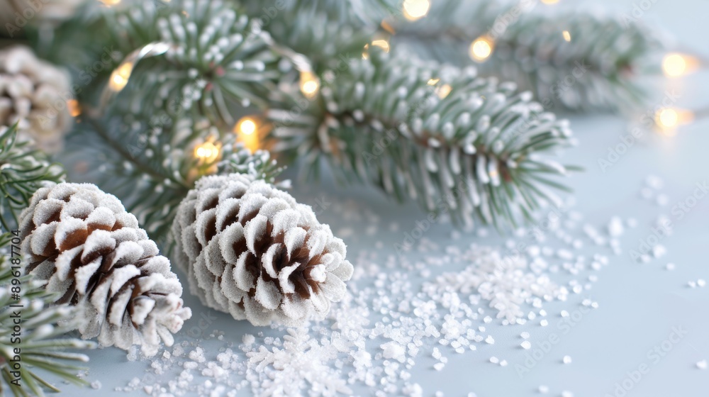 A close up of two pine cones with snow on them