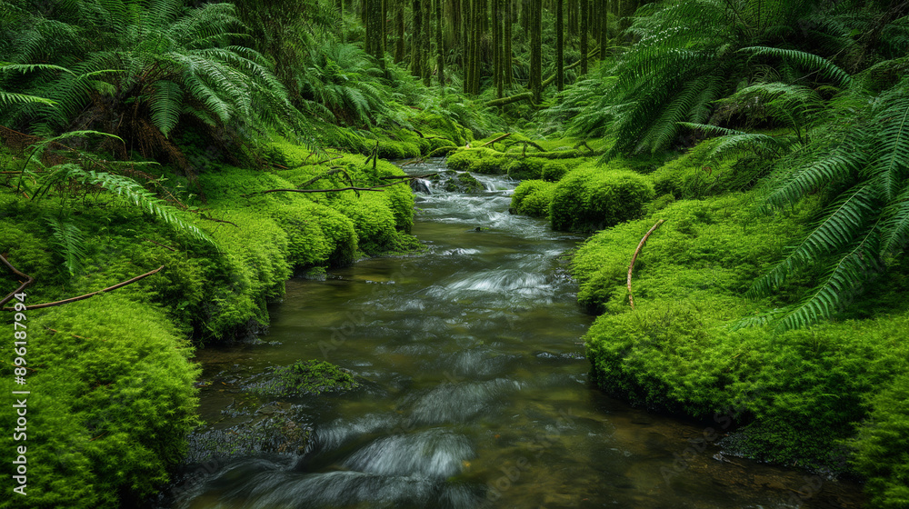 A gentle stream meanders through a lush, moss-covered forest. A gentle stream meanders through a lush, moss-covered forest.