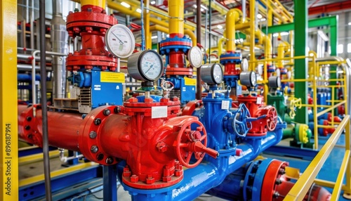 A close-up of industrial piping and gauges. AI.