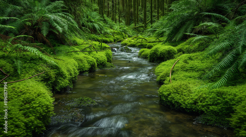 A gentle stream meanders through a lush, moss-covered forest.