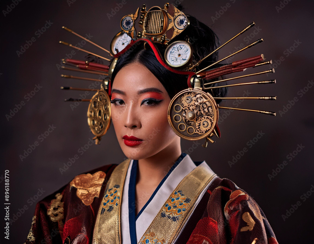 Japanese Geisha Wearing Kimono in Steampunk Fashion Style Japanese Geisha Wearing Kimono in Steampunk Fashion Style