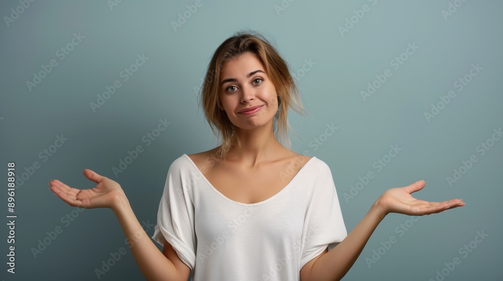 A young woman with a puzzled expression and her arms raised in a questioning gesture against a blue background. A young woman with a puzzled expression and her arms raised in a questioning gesture against a blue background.