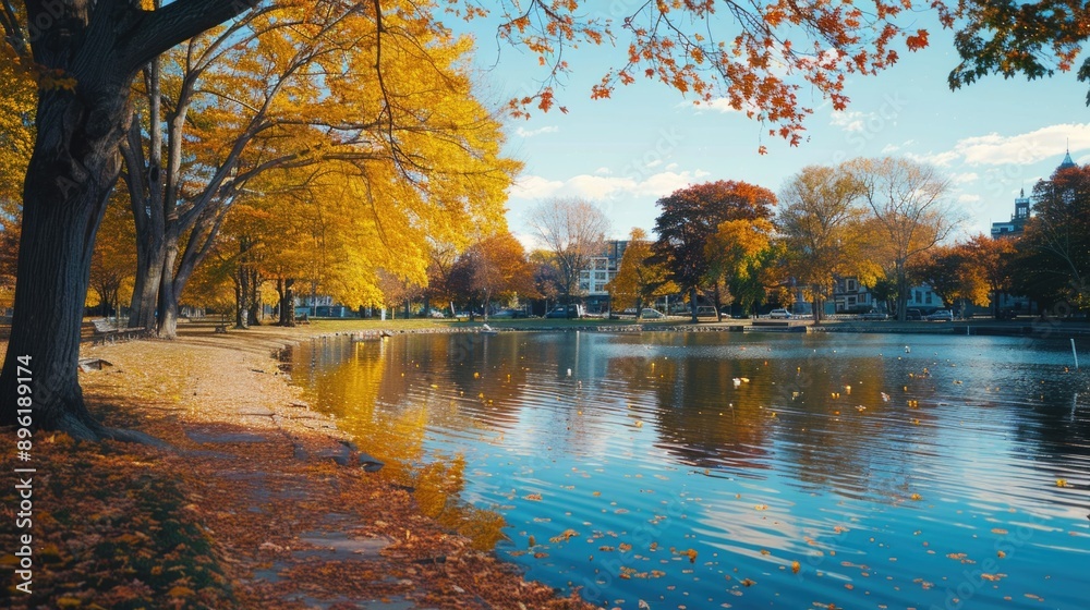 A serene lake surrounded by lush trees and colorful leaves A serene lake surrounded by lush trees and colorful leaves