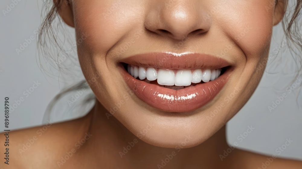 Smiling woman, close-up front view, perfect white teeth and gorgeous lips Smiling woman, close-up front view, perfect white teeth and gorgeous lips