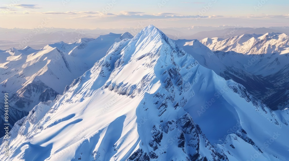 Fototapeta premium Aerial view of a snow-capped mountain peak with a clear blue sky.