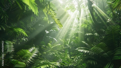 Sunlight beams through the canopy of a lush, green rainforest.