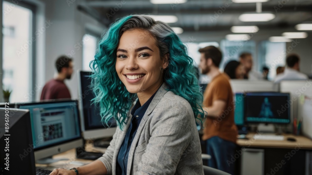 Smiling young woman with teal hair in a busy office, coworkers collaborating at computers, emphasizing team spirit Smiling young woman with teal hair in a busy office, coworkers collaborating at computers, emphasizing team spirit