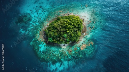 Aerial view of a small, lush island surrounded by turquoise waters.