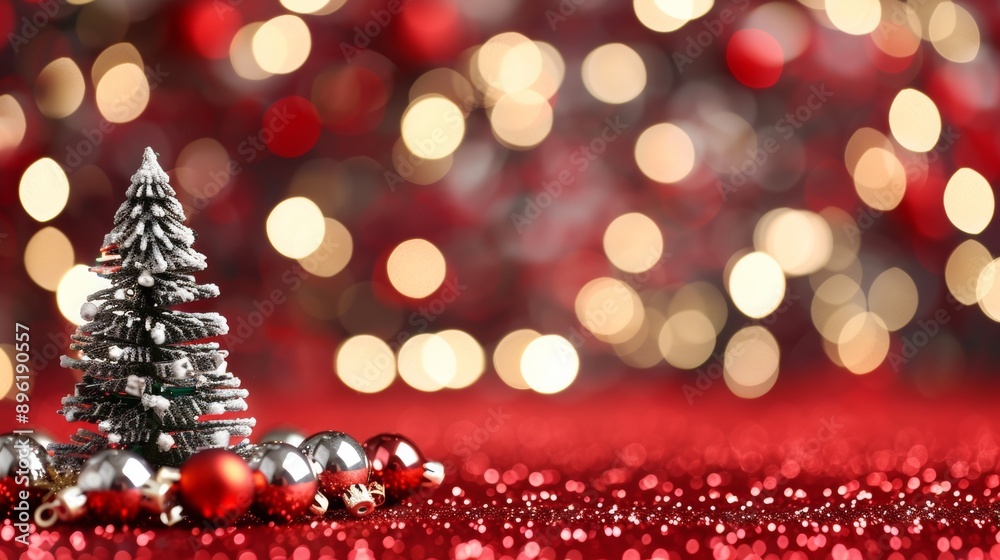 A small Christmas tree is surrounded by a bunch of shiny red A small Christmas tree is surrounded by a bunch of shiny red