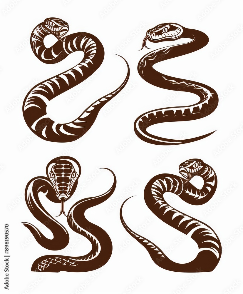 A set of hand-drawn depictions of a viper snake isolated on white background in engraving ink technique.