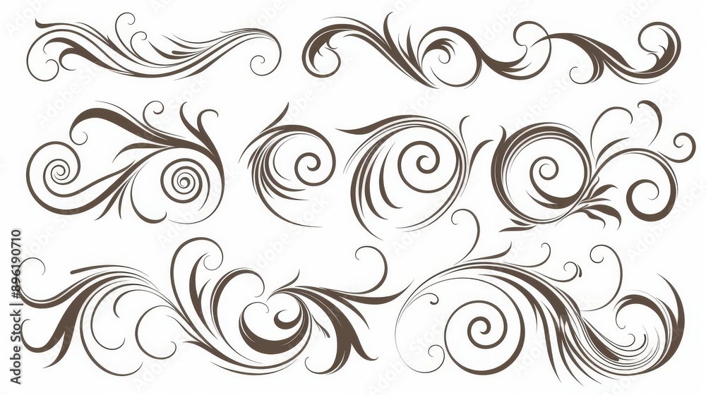 The curls and scrolls design set is intended as decorative elements for frames. Elegant swirl modern illustration. The curls and scrolls design set is intended as decorative elements for frames. Elegant swirl modern illustration.