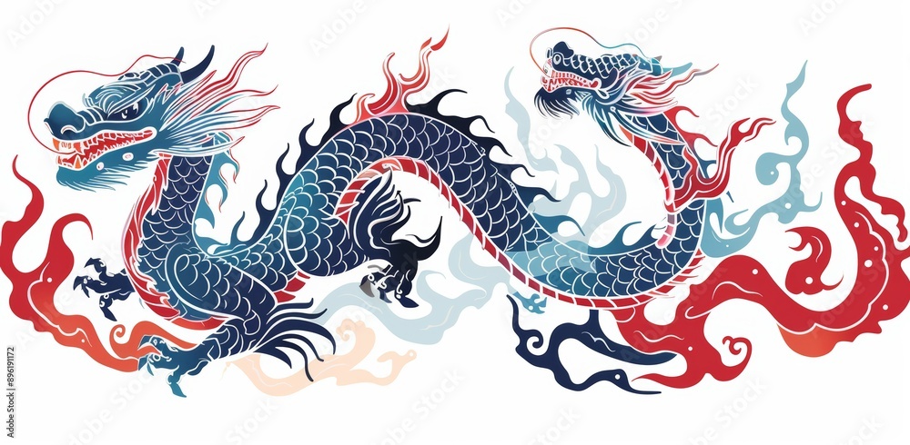 This illustration depicts an azure Chinese dragon as well as a blue green dragon. Asian and Eastern mythological creatures. Modern tattoo style illustration. This illustration depicts an azure Chinese dragon as well as a blue green dragon. Asian and Eastern mythological creatures. Modern tattoo style illustration.