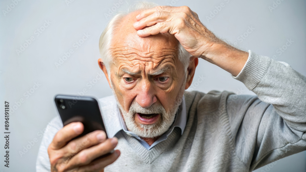 Nervous confused elderly senior man stressed worried with smartphone. Frustrated grandpa having problem with paying, buying online and payments. Internet fraud or scams Nervous confused elderly senior man stressed worried with smartphone. Frustrated grandpa having problem with paying, buying online and payments. Internet fraud or scams