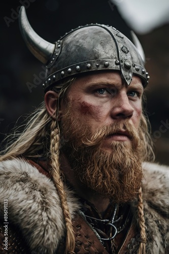 A Viking bearded man wearing a Viking helmet and fur coat