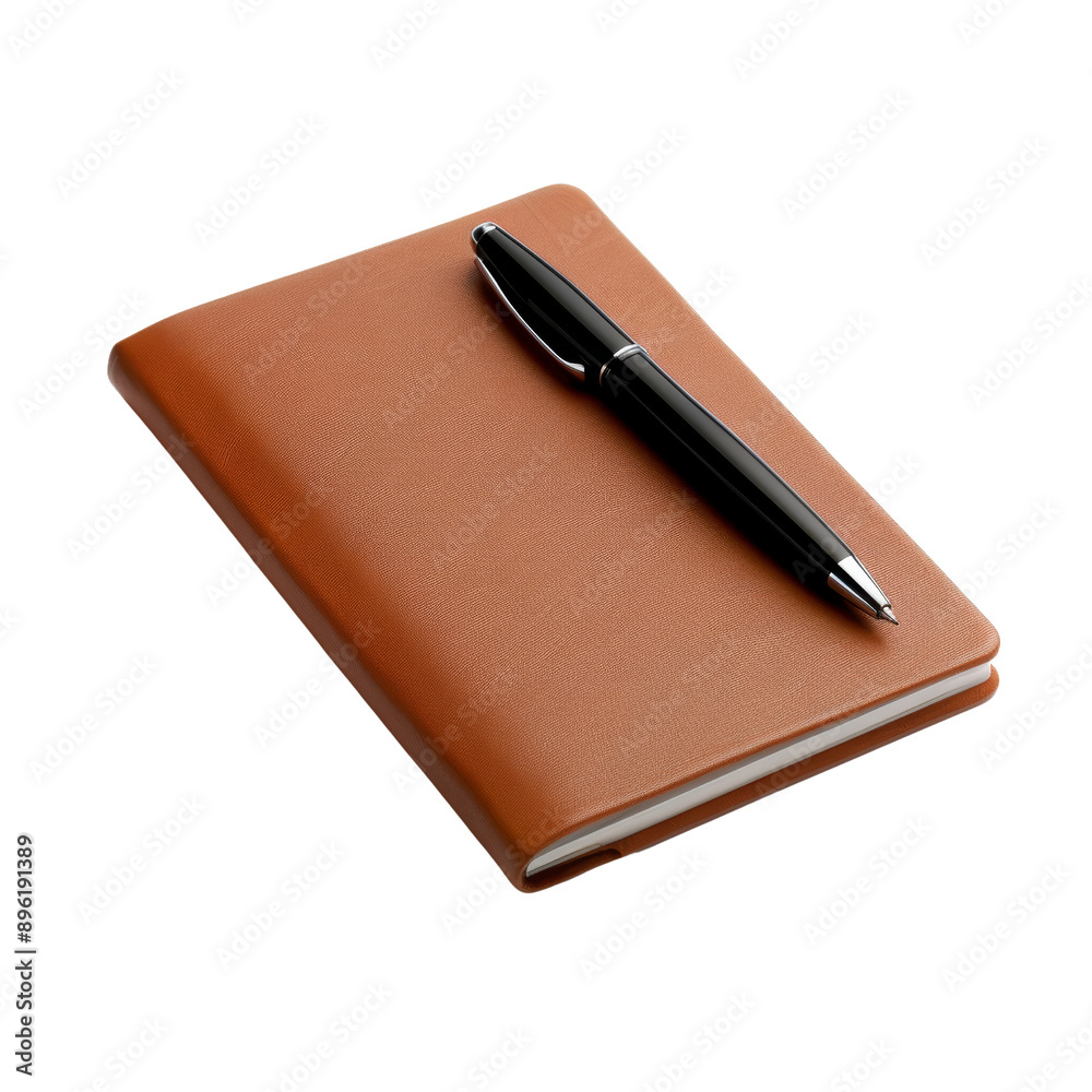 Elegant brown leather notebook and black pen on a white background. Perfect for writing, journaling, and business notes. Elegant brown leather notebook and black pen on a white background. Perfect for writing, journaling, and business notes.