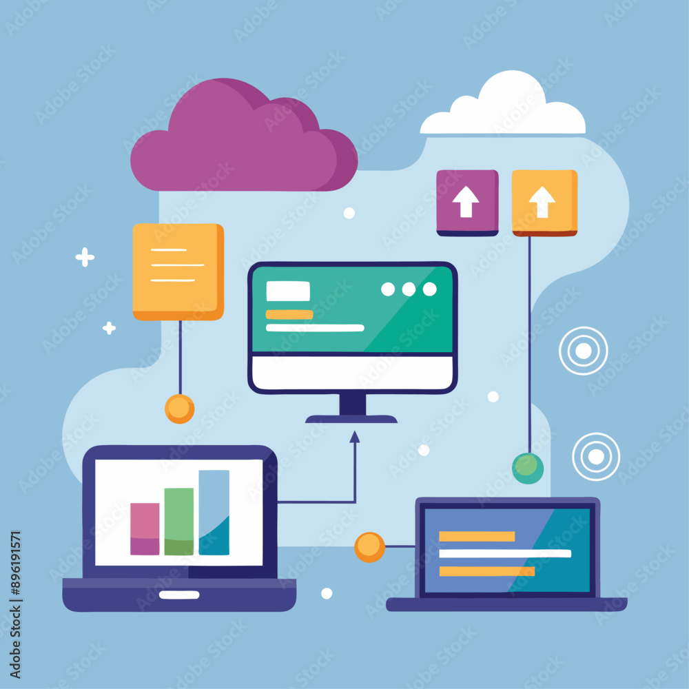 Visualization of data transfer between devices, cloud icons, and loading bars.1 Visualization of data transfer between devices, cloud icons, and loading bars.1