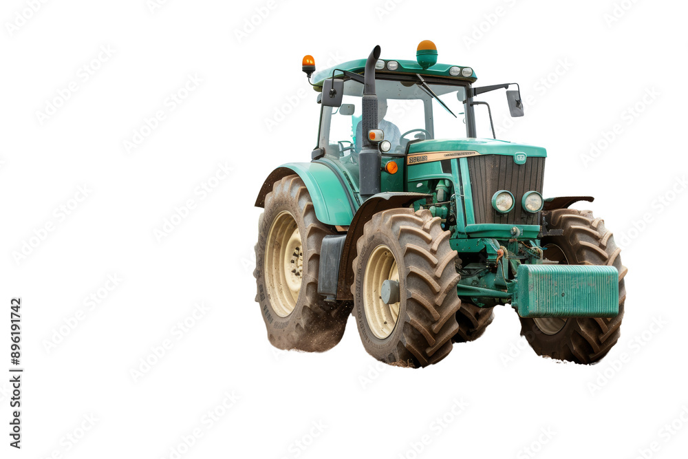 Green farm tractor isolated on white background, perfect for agricultural and farming-related purposes. Green farm tractor isolated on white background, perfect for agricultural and farming-related purposes.
