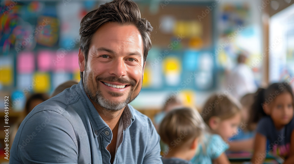 Smiling male teacher in a classroom with young students engaging in various activities. Education, teaching, classroom environment, nurturing, elementary school concept. Smiling male teacher in a classroom with young students engaging in various activities. Education, teaching, classroom environment, nurturing, elementary school concept.