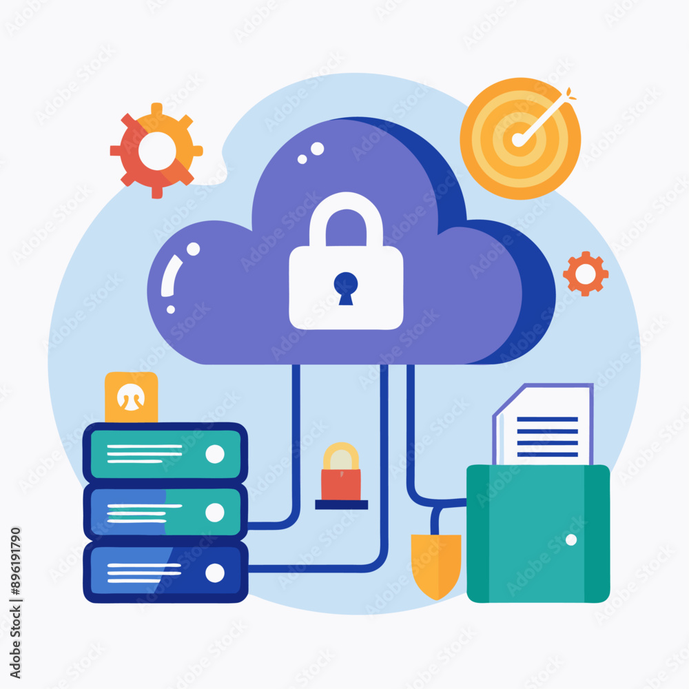 Illustration of a Secure Cloud Storage System Featuring Padlock Symbol, Emphasizing Data Encryption and Cybersecurity for Reliable Digital Information Protection and Safe Storage Illustration of a Secure Cloud Storage System Featuring Padlock Symbol, Emphasizing Data Encryption and Cybersecurity for Reliable Digital Information Protection and Safe Storage