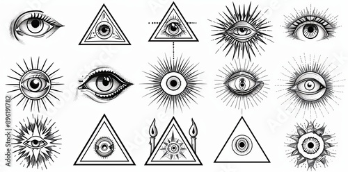 Intricate tattoo design, freemason triangle with light rays and all seeing eye