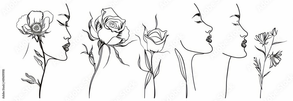This one line drawing contains an abstract woman face, a ginkgo biloba leaf, and a flower. It can be used for a poster, wall art, tote bag, t-shirt print, sticker, logo, etc. This one line drawing contains an abstract woman face, a ginkgo biloba leaf, and a flower. It can be used for a poster, wall art, tote bag, t-shirt print, sticker, logo, etc.