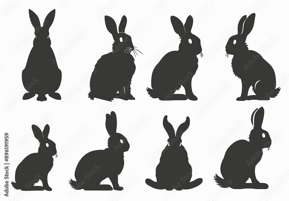 Fototapeta premium Rabbit silhouettes in various poses. Easter bunny. Black and white illustration.