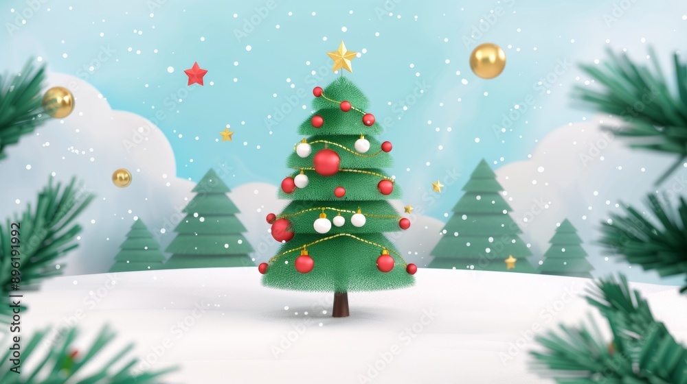 A Christmas tree with gold and red ornaments is surrounded by trees and snow A Christmas tree with gold and red ornaments is surrounded by trees and snow